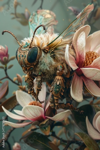 A fantastical creature with the characteristics of both a bee and a magnolia flower, exuding a sense of harmony and balance photo