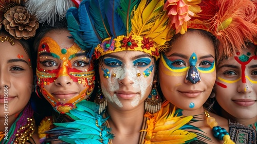 A group of women wearing colorful face paint and feathers. Scene is celebratory and festive
