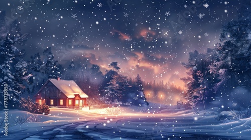 A snowy landscape with a house in the background. The house is lit up, giving it a warm and cozy feeling. The snow is falling gently, creating a peaceful and serene atmosphere