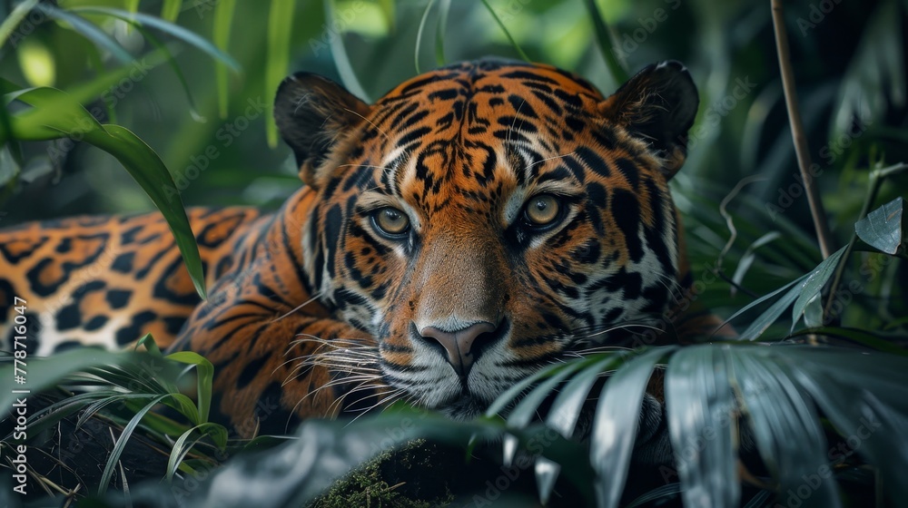 Obraz premium A tiger is laying in the jungle, looking at the camera. The jungle is lush and green, with plenty of foliage and plants. The tiger is the main focus of the image, and it is relaxed