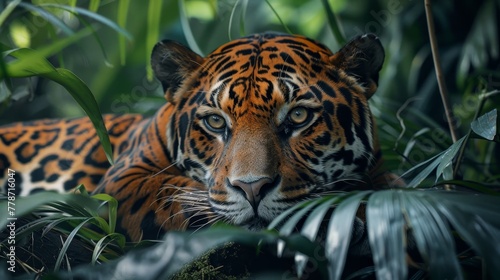 A tiger is laying in the jungle  looking at the camera. The jungle is lush and green  with plenty of foliage and plants. The tiger is the main focus of the image  and it is relaxed