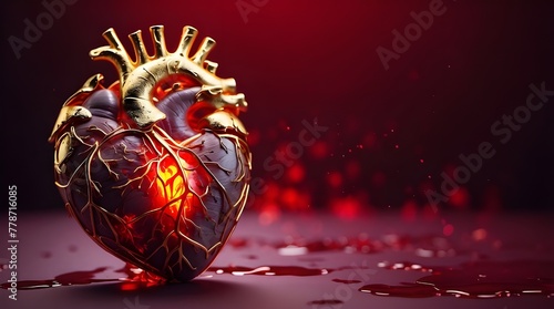 Anatomy of a human heart in flames cast in gold and bloody. Details of the blood vein. A heartbeat on a clean red background. Medical concept photo