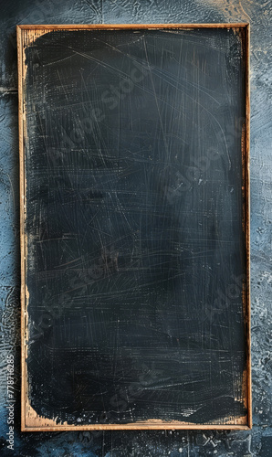 Black chalkboard on an artistic, distressed wall.