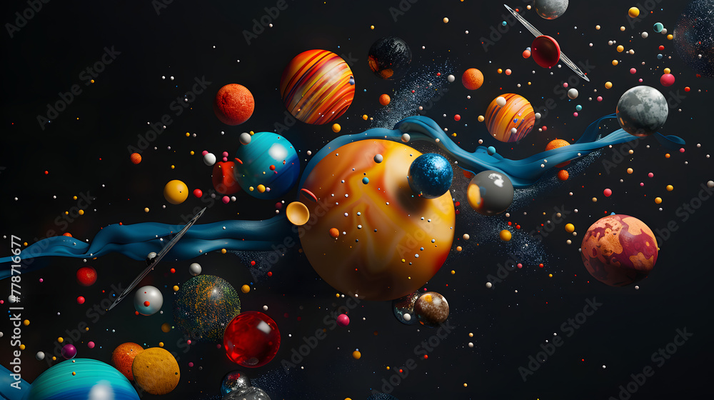 Fototapeta premium A 3D render of an abstract floating composition made up of various objects like planets and asteroids in cosmic colors