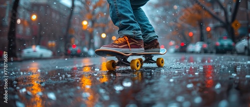 Skateboarder in mid-trick urban setting