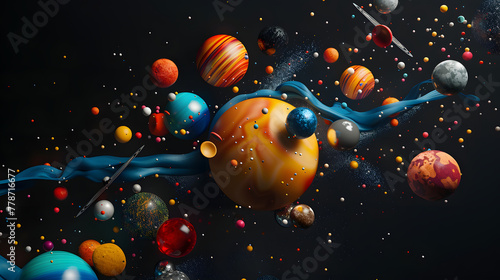 A 3D render of an abstract floating composition made up of various objects like planets and asteroids in cosmic colors