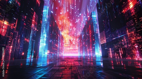 A futuristic cityscape with neon lights and a glowing sky. The atmosphere is one of excitement and wonder, as if the viewer is entering a new world