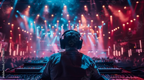 A man is sitting in front of a sound board with a crowd of people in the background. The lights are bright and colorful, creating a lively atmosphere. The man is wearing headphones