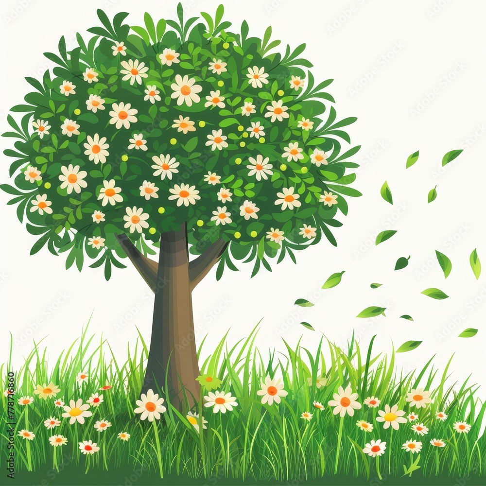 Fototapeta premium Grass, flowers and a tree on a simple background.