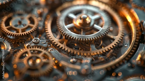 A close up of a clock with many gears. The gears are gold and silver and the clock is old