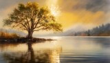 a painting of a tree in the middle of a body of water with a bright light coming from behind it