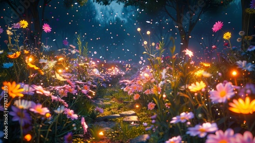 A field of flowers with a path through it. The flowers are in full bloom and the path is lit up with lights © Sodapeaw