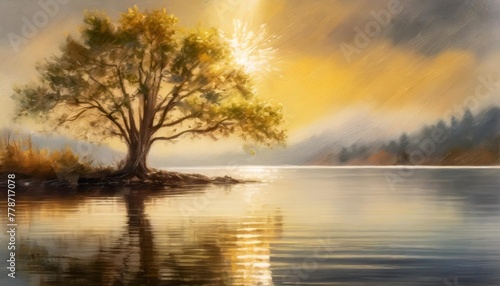 a painting of a tree in the middle of a body of water with a bright light coming from behind it