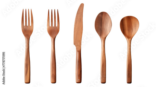 Set of Cutlery of wood wooden spoon  fork knife on transparent background.
