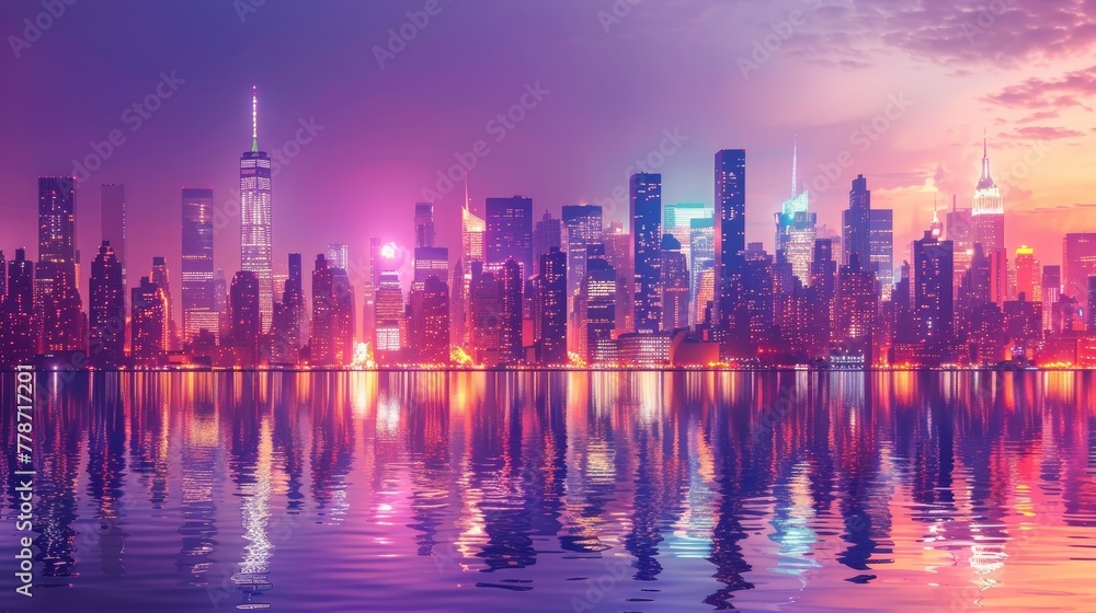 A city skyline is reflected in the water, with the buildings lit up in neon colors. Scene is vibrant and energetic, with the neon lights creating a sense of excitement and movement