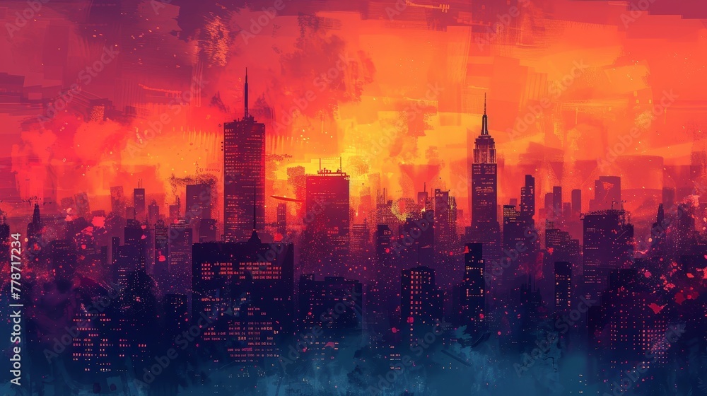 A city skyline with a sunset in the background. The sky is orange and the buildings are tall