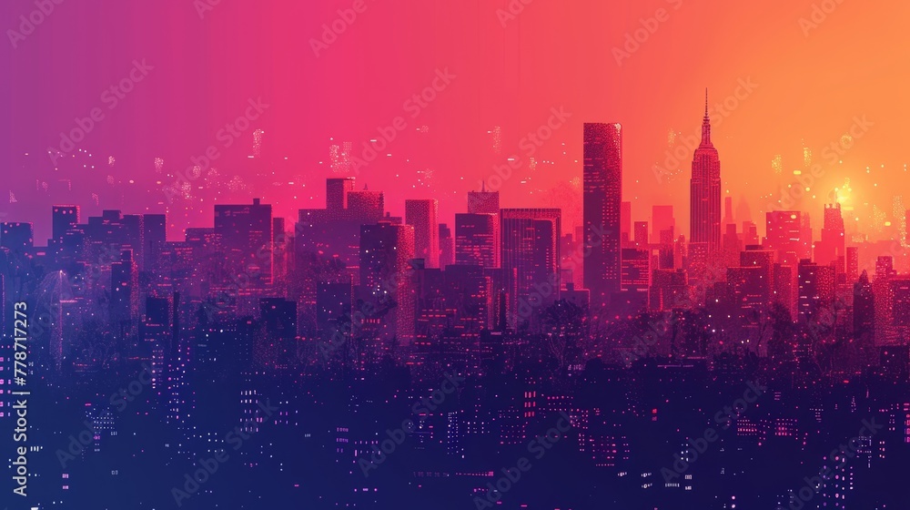 A city skyline with a pink and purple background. The city is lit up at night, giving it a vibrant and lively atmosphere