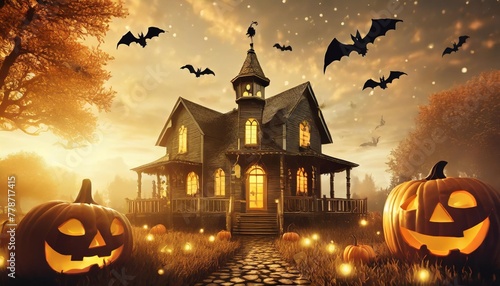 spooky halloween background of ghost house with bats and jack o lanterns digital illustration photo