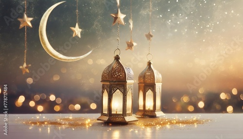 beautiful ramadan kareem background with golden crescent moon stars and lanterns for eid mubarak celebration and greeting card © Lucia