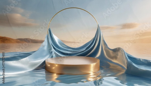 3d background blue podium display on water silk cloth in motion circle frame for beauty product cosmetic presentation feminine scene with pedestal 3d render mockup