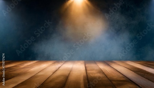 empty rustic wood table abstract scene dark blue background neon light spotlights wooden floor studio room with smoke float up the interior texture for display products