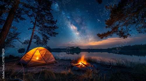 A small tent is set up next to a lake at night. The sky is filled with stars and the moon is shining brightly. The scene is peaceful and serene, perfect for a camping trip