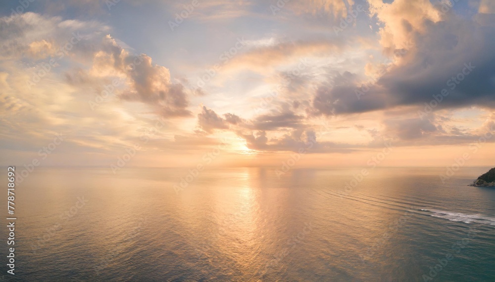 aerial panoramic view of sunset over ocean colorful sky clouds water beautiful serene scene wide angle seascape drone view majestic stunning nature background best sea sky sunrise inspire views