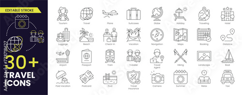 Travel Editable Stroke icon set. Summer vacations and holiday symbol vector illustration. Collection of traveling and tourism elements. Editable Outline icon.