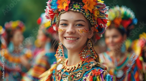 A woman wearing a colorful headdress and a necklace is smiling. She is surrounded by other people in colorful clothing