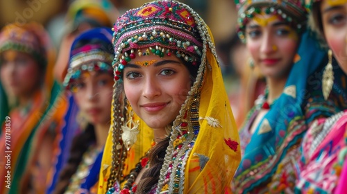 A group of women wearing colorful clothing and headdresses. The women are smiling and appear to be happy