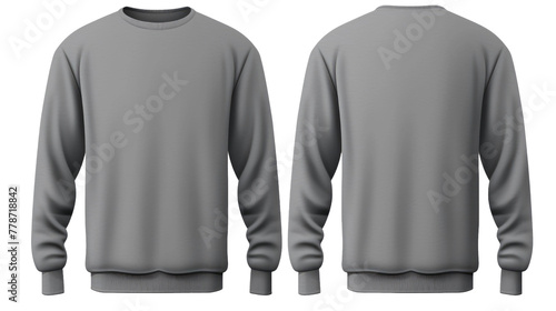 Set of grey gray front and back view tee sweatshirt sweater long sleeve on transparent background. Mockup template for artwork