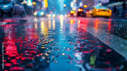A rainy city street with cars and taxis driving through the rain. The water on the street is reflecting the lights from the cars and the streetlights, creating a beautiful and serene atmosphere