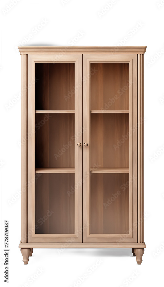 3D rendering of a wooden cabinet with glass doors and shelves 3D rendering of a wooden cabinet with glass doors and shelves