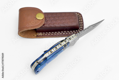 Damascus Pocket Knife for Men with Blue Handle Solid Steel Handmade Folding Hunting Knives with Sharpener and Leather Pouch - Best Knife for Camping Hunting Hiking  photo
