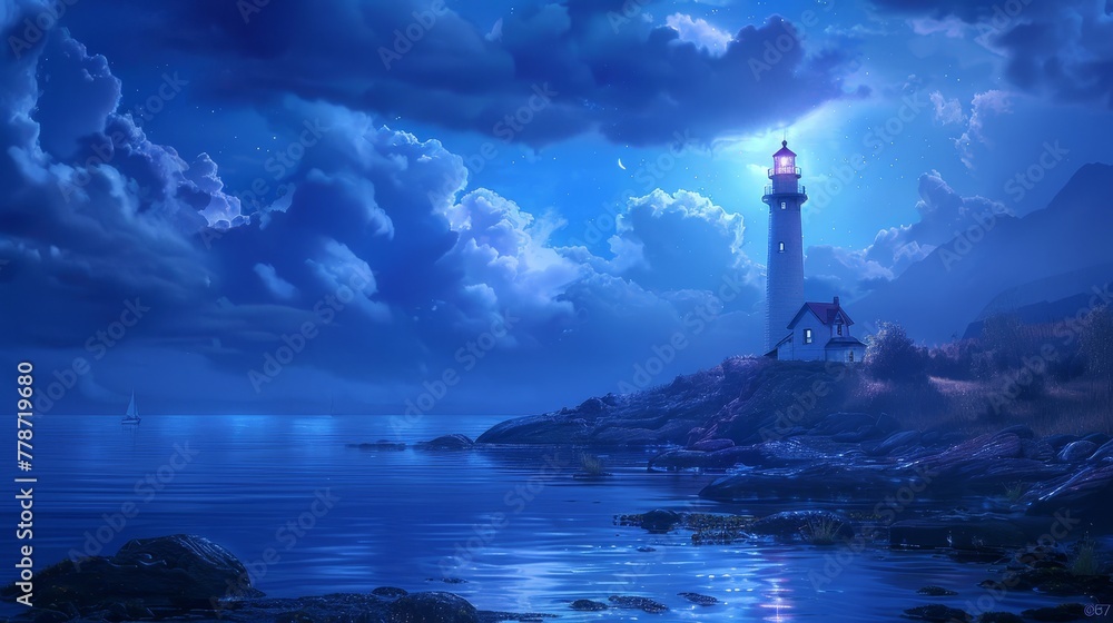 A lighthouse is on a rocky shoreline at night. The sky is cloudy and the water is calm