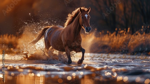A brown horse is running through a field of water. The water is rippling and the horse is splashing it up. The scene is peaceful and serene, with the horse enjoying its time in the water