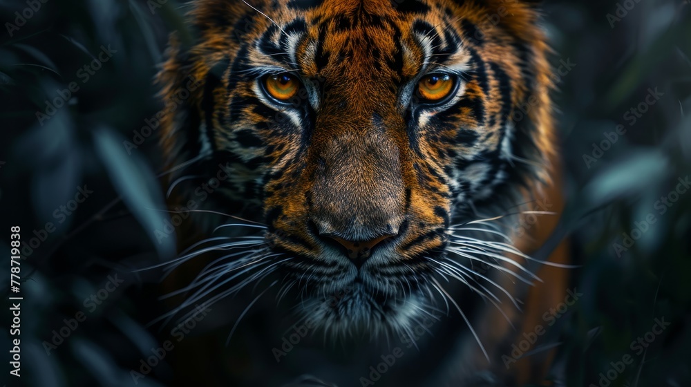 A tiger is staring at the camera with its eyes wide open. The image has a dark and moody atmosphere, with the tiger's eyes being the focal point of the scene