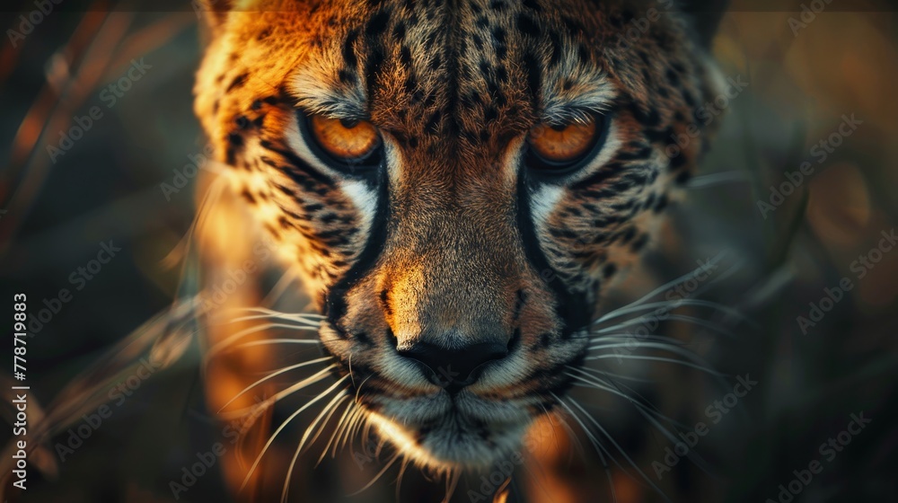 A close up of a tiger's face with its eyes open and looking at the camera. The tiger's fur is orange and black, and its eyes are yellow. Concept of curiosity and alertness