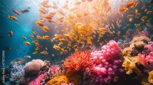 A colorful coral reef with a variety of fish swimming around. The fish are of different sizes and colors, creating a vibrant and lively scene. The coral reef is teeming with life © Sodapeaw