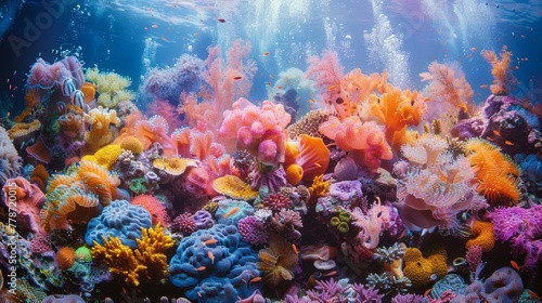 A colorful coral reef with many different types of fish and plants. The colors are bright and vibrant, creating a lively and energetic atmosphere