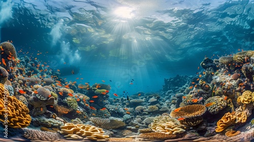 A beautiful underwater scene with a variety of colorful fish swimming around. The sun is shining brightly, creating a warm and inviting atmosphere. The fish are scattered throughout the scene © Sodapeaw