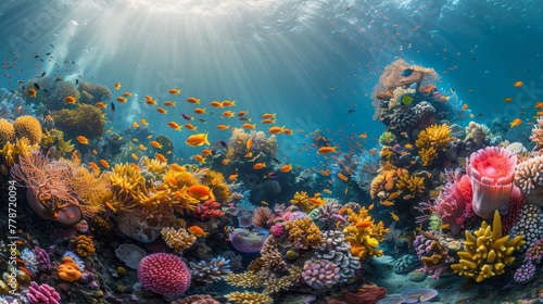 A colorful coral reef with many fish swimming around. The fish are orange and the coral is pink and green