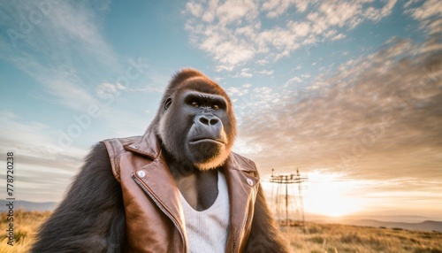a gorilla with a leather jacket photo