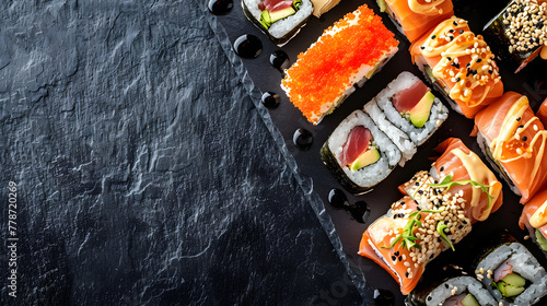 Frame of a bright sushi set of rolls on a black background with space for text. Concept banner template for advertising restaurants, Asian cuisine and menus. photo