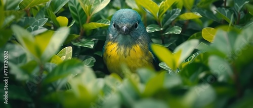 a blue and yellow bird sitting on top of a lush green leaf filled tree filled with lots of green leaves.