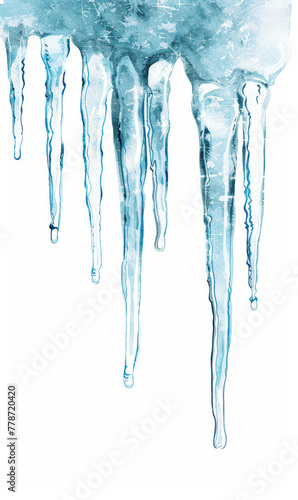 Bright blue icicles in the process of melting, hanging from above.