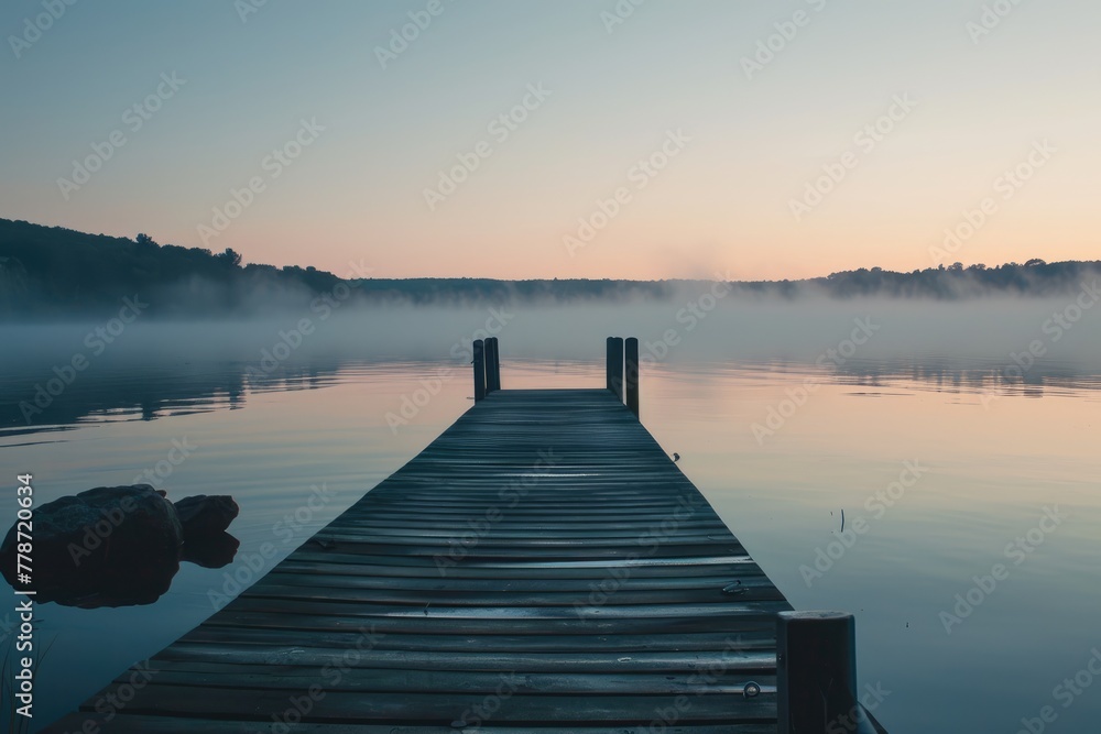 Naklejka premium Dawn Senary, A serene lakeside dock at dawn, lit by the soft hues of sunrise, AI generated