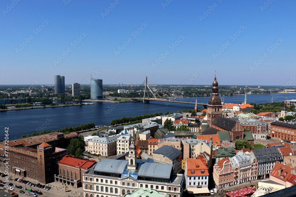 25 07 2023 Riga Latvia. Riga, the capital of Latvia, is located on the banks of the Daugava River at its confluence with the Gulf of Riga.