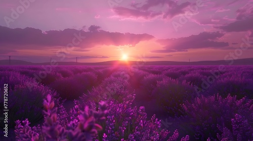 A field of lavender stretching towards the horizon under a purple sunset