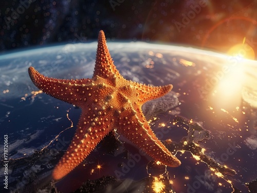 Big starfish floating against the earth, a fictional scene bringing together the ocean and cosmos, 